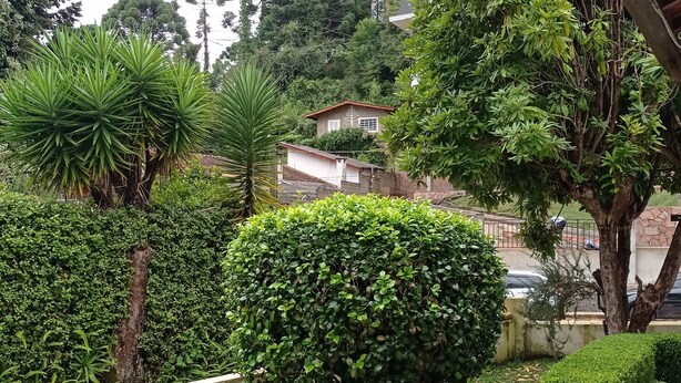 A well-maintained garden with various types of trees and shrubs, a paved pathway, and a small building in the background. - A Nossa Casinha (Campos do Jordão)