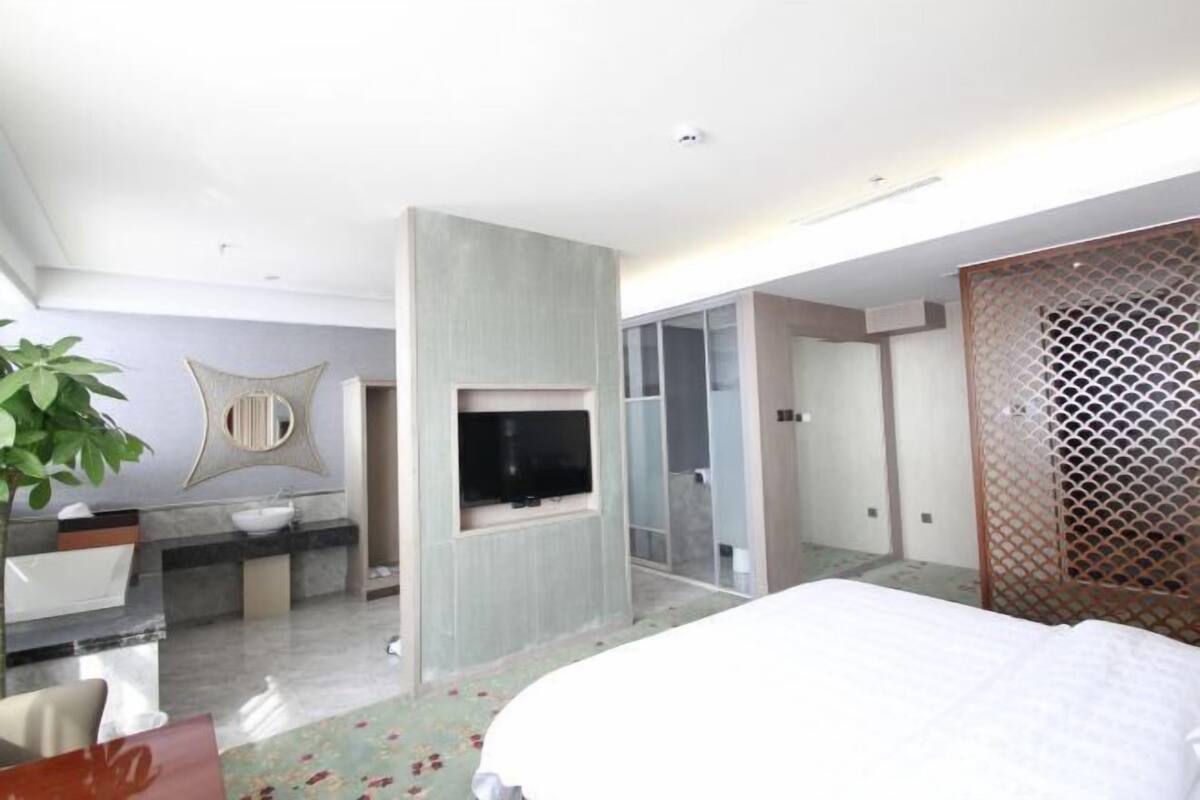 Una habitación de hotel moderna con una cama grande, un televisor, un baño con bañera y ducha.