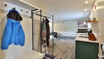 TV, fireplace, video library