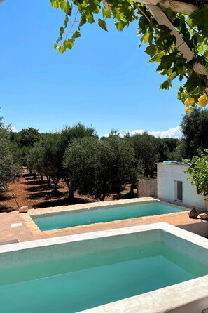 A swimming pool with a clear blue water, surrounded by olive trees and a small building. - Trullo Solleone con Piscine by Wonderful Italy (Carovigno)