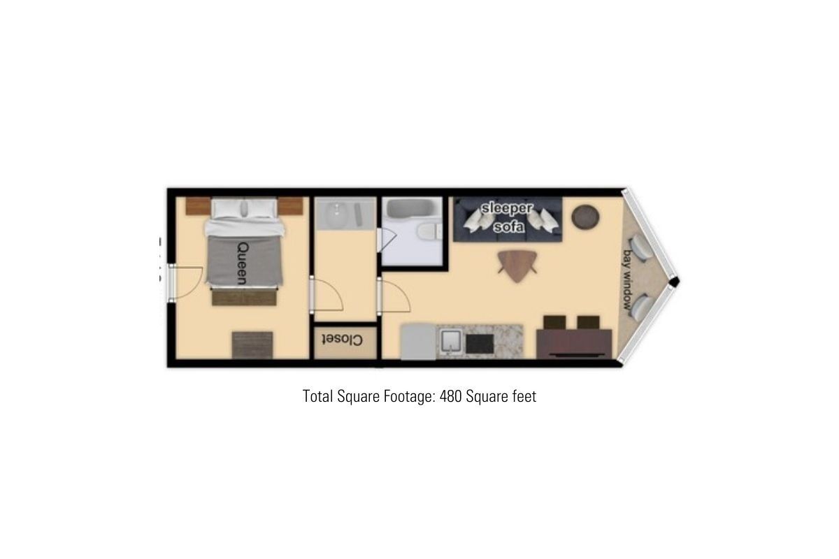 A hotel room layout with a queen bed, a sleeper sofa, a bay window, a closet, and a bathroom.