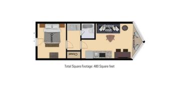 A hotel room layout with a queen bed, a sleeper sofa, a bay window, a closet, and a bathroom.