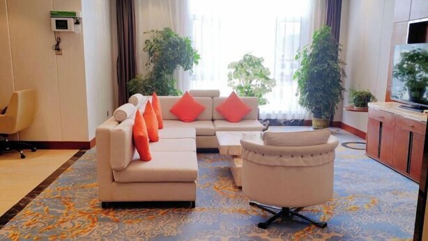 A hotel room with a beige sofa set, a white armchair, a television, and a large window with curtains. - Tibet Ali Hotel (Gar County)