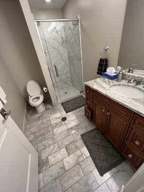 Shower, hair dryer, towels, soap