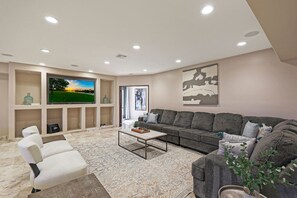 TV, fireplace, video games, ping pong