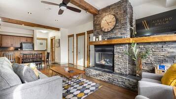 Smart TV, chimenea y libros
