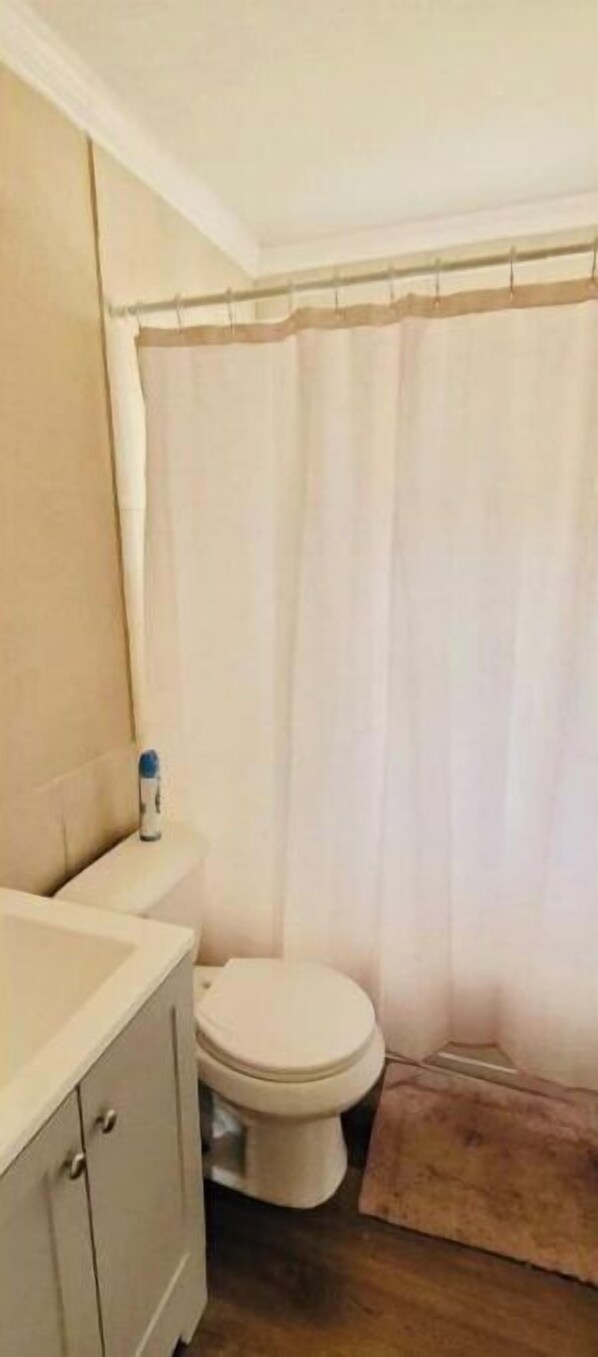 A small bathroom with a toilet, a sink, and a shower curtain.