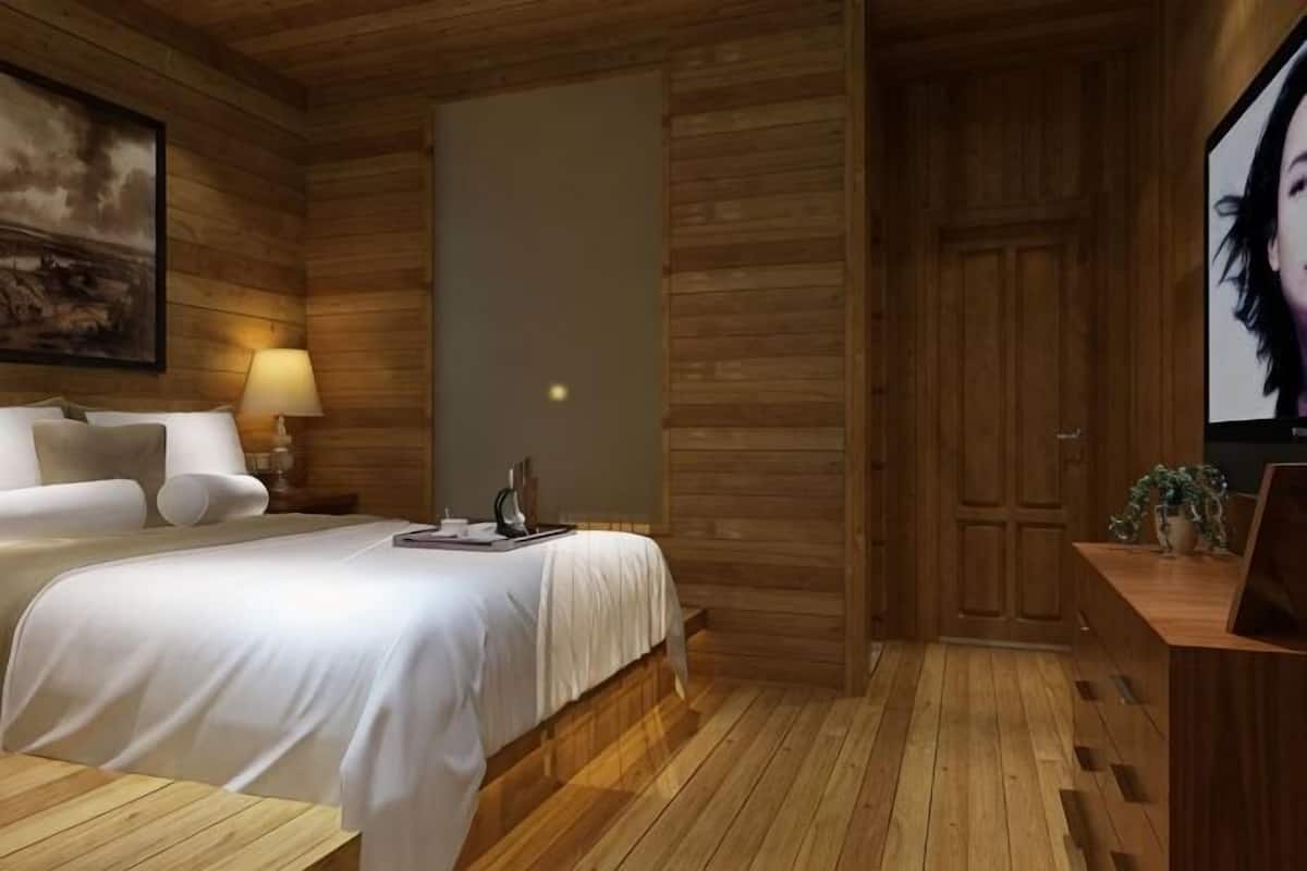 A wooden-paneled room with a bed, a nightstand, a lamp, and a television.
