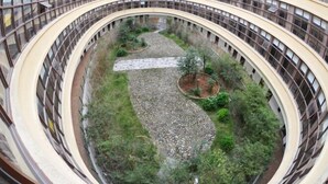 A multi-level atrium with curved balconies, a central garden area, and a winding pathway.