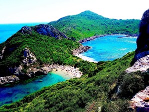 A coastal landscape with a beach, rocky cliffs, and lush greenery. - Art House Pagoi Corfu (Corfu)
