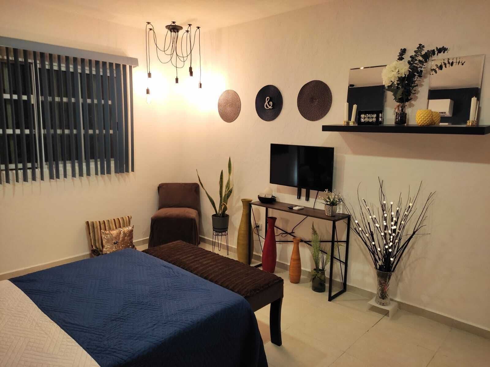 A modern living room with a bed, a TV, a coffee machine, and decorative items.