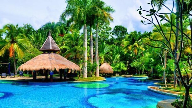 A swimming pool with thatched-roof structures, surrounded by lush tropical vegetation. - Qixianling Zhongnan Hot Spring Apartment Hotel (Baoting)