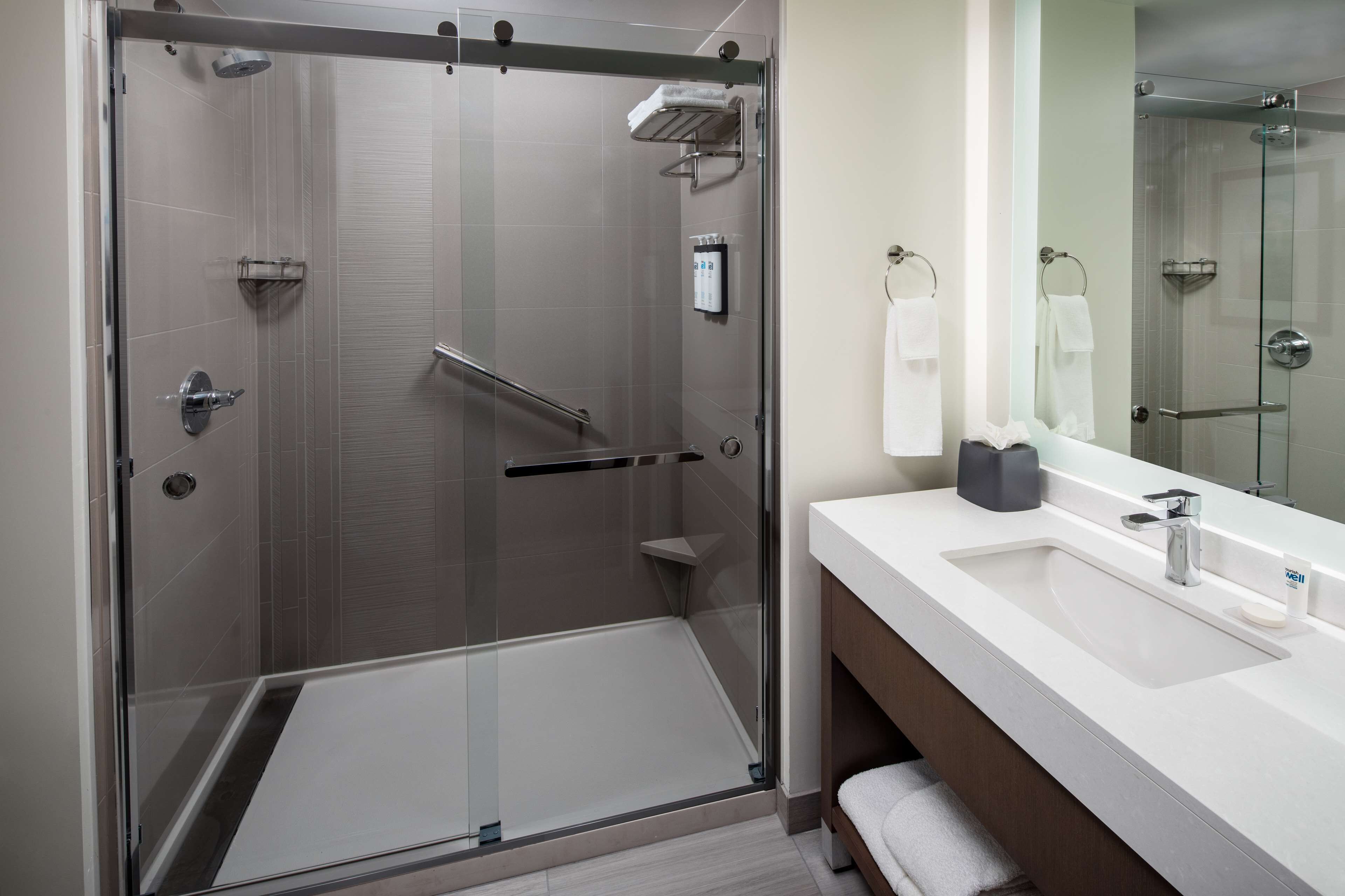 Un baño moderno con ducha envuelta en vidrio, un lavamanos blanco y un espejo grande.
