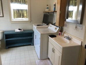 Hair dryer, towels, soap, shampoo