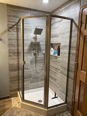 Shower, jetted tub, hair dryer, towels