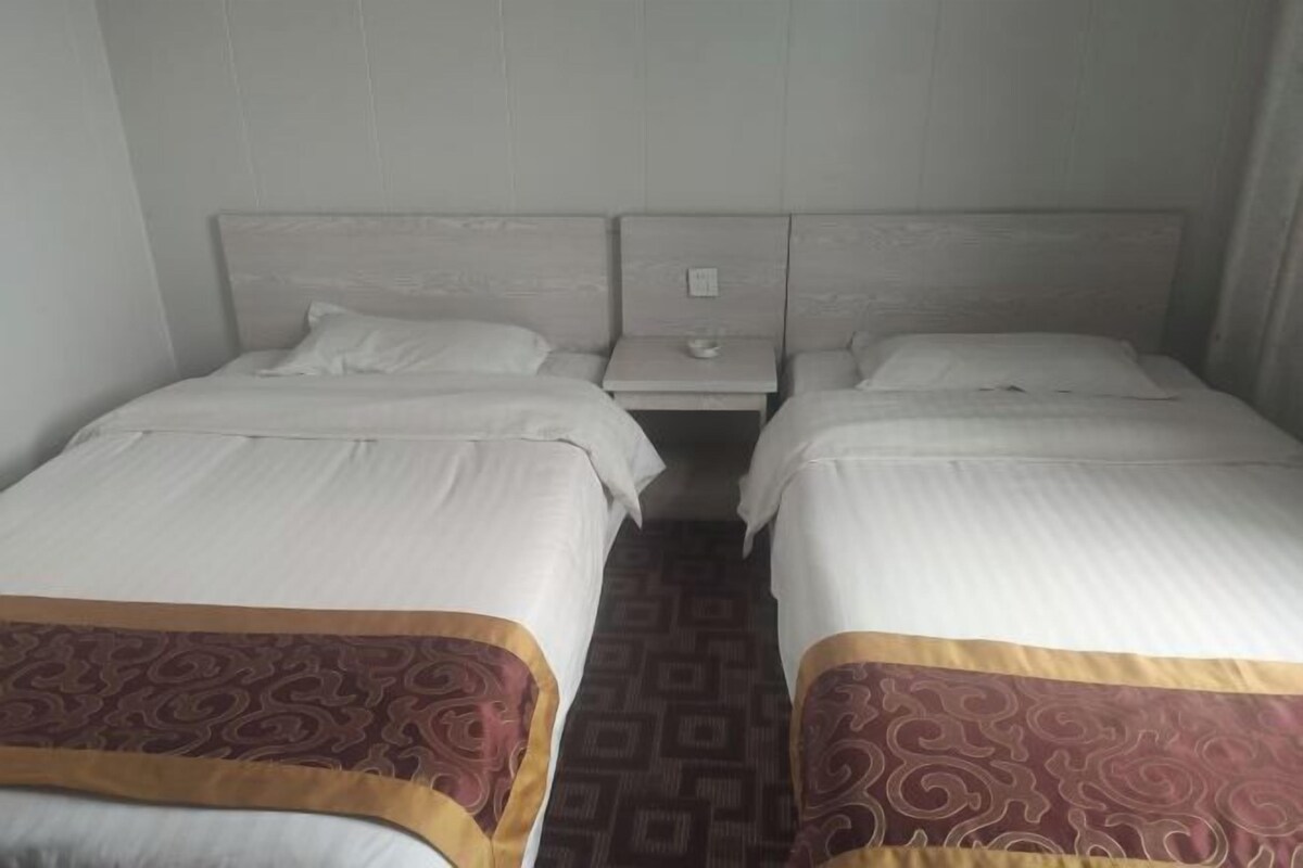 Habitació d'hotel amb dos llits individuals, una petita taula de nit amb una làmpada i una catifa estampada al terra.