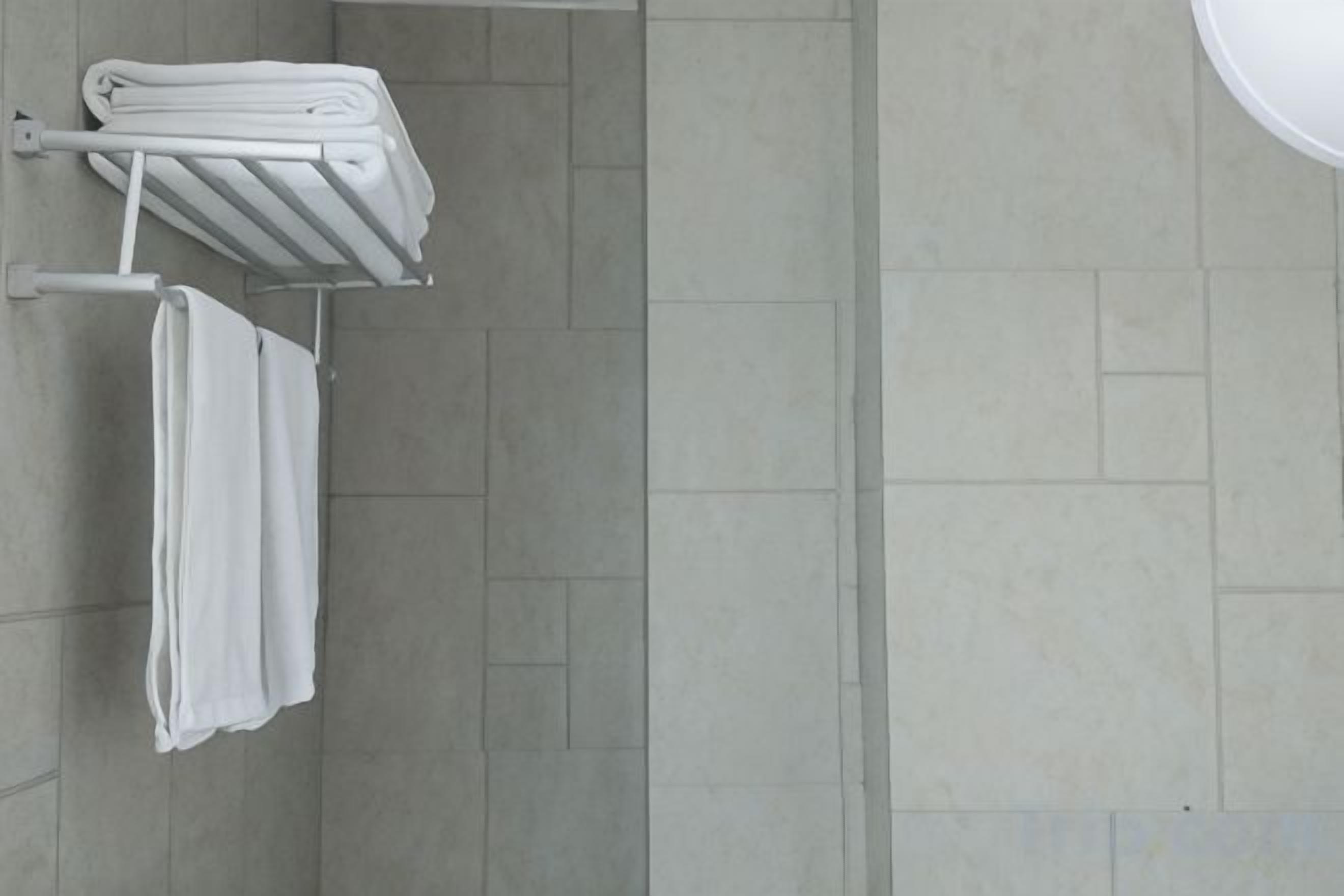 A bathroom with a towel rack holding folded towels and a wall-mounted towel warmer.