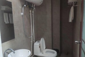 Un bany amb vàter, rentapel i plat de dutxa.
