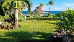 A tropical resort with a thatched-roof structure, a grassy lawn, and a view of the ocean.