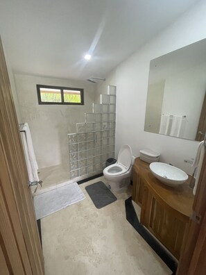 Regadera, toallas, jabón, papel de baño 