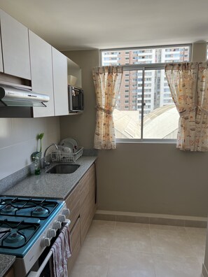 Fridge, microwave, electric kettle, cookware/dishes/utensils - Modern Condominium Apartment (Lima)