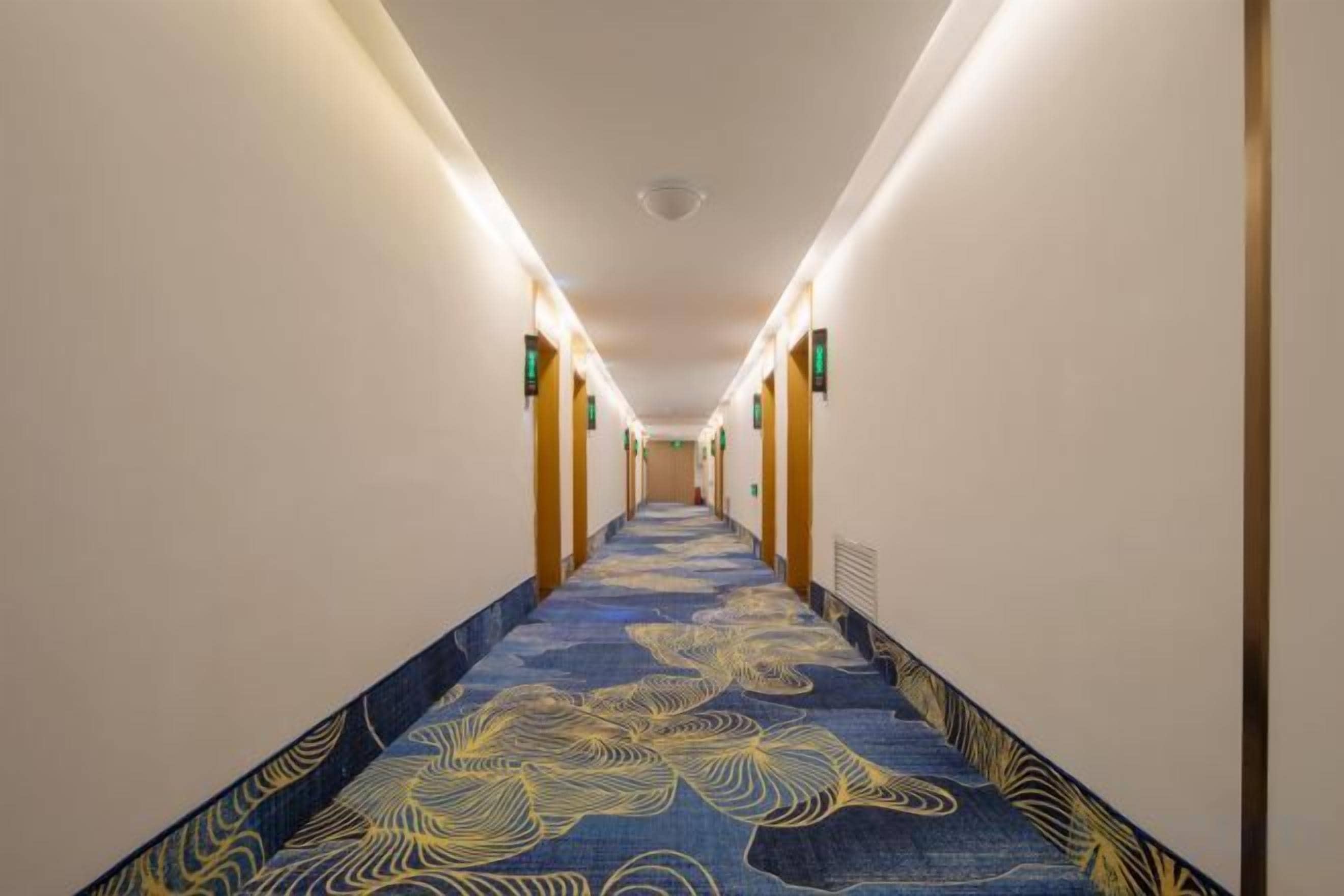 Ein Hotelkorridor mit einem gemusterten Teppich, Wandleuchten und einem Deckenlüfter.