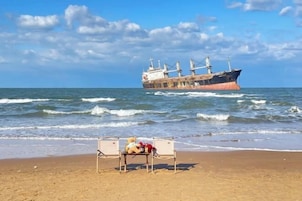 Una playa con dos sillas y un peluche en la arena.