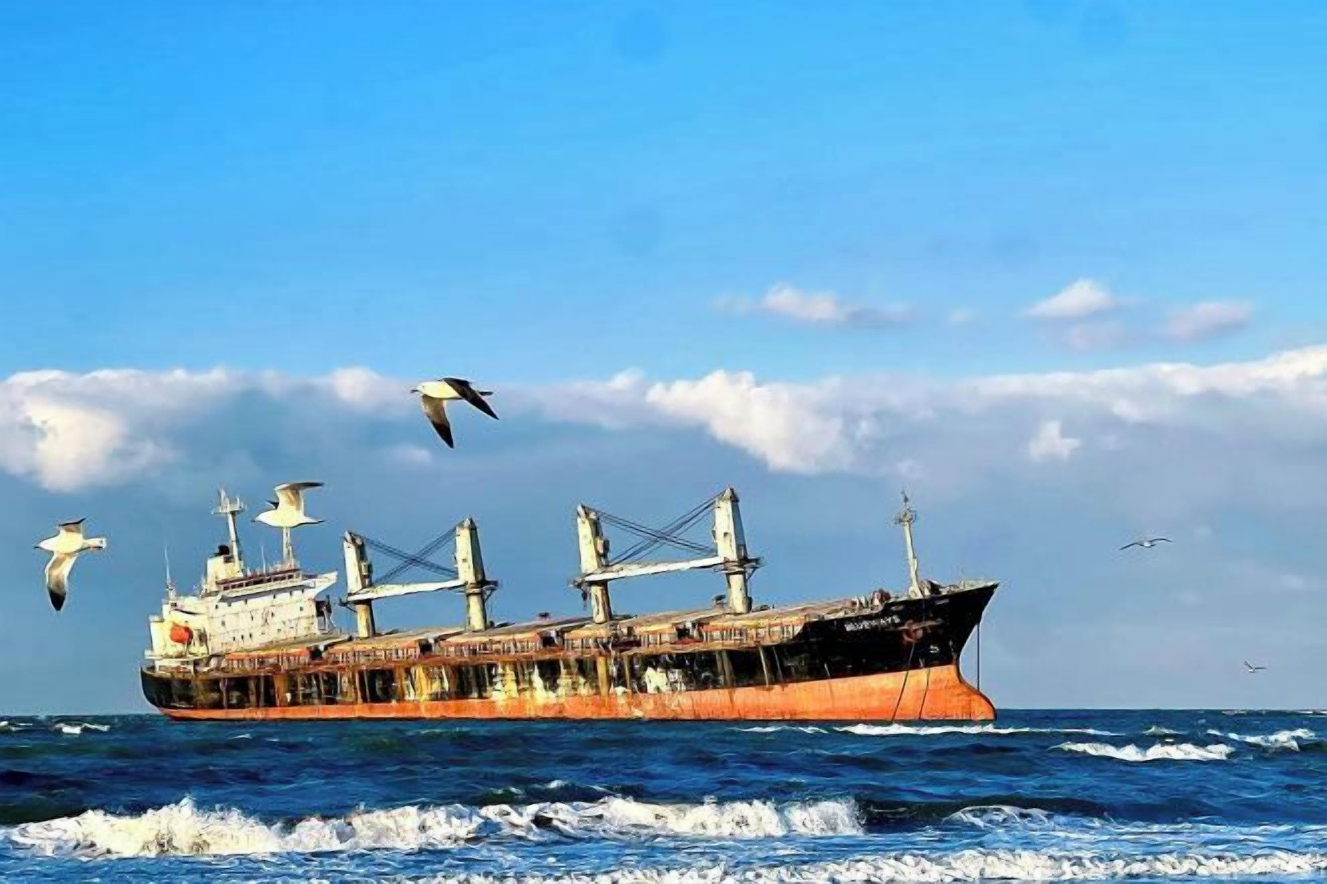 Un gran buque de carga con múltiples grúas y contenedores, navegando en el océano.
