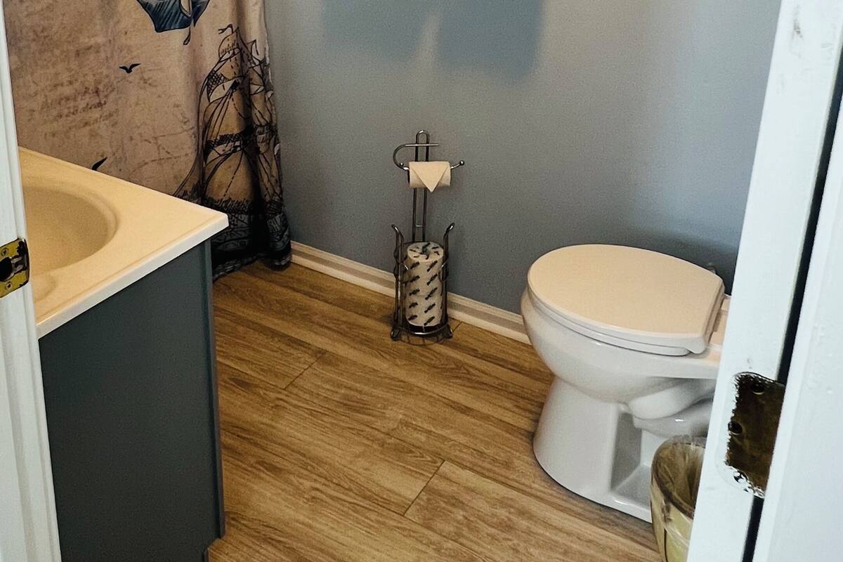 A bathroom with a wooden floor, a white sink, a toilet, and a shower curtain with nautical designs.