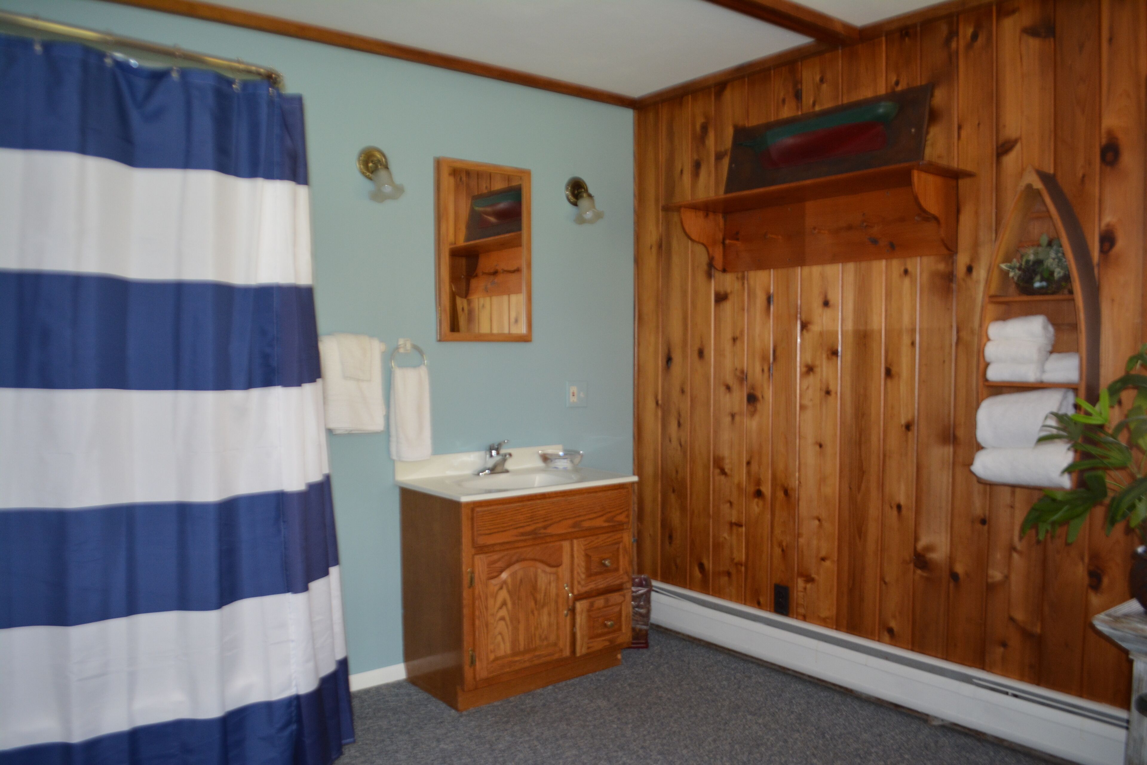 Un baño con tocador de madera, cortina de ducha y barra para toallas.