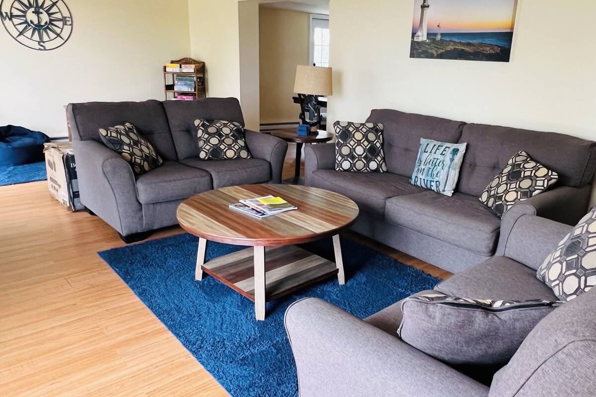 A living room with two grey sofas, a round coffee table, and a blue rug.