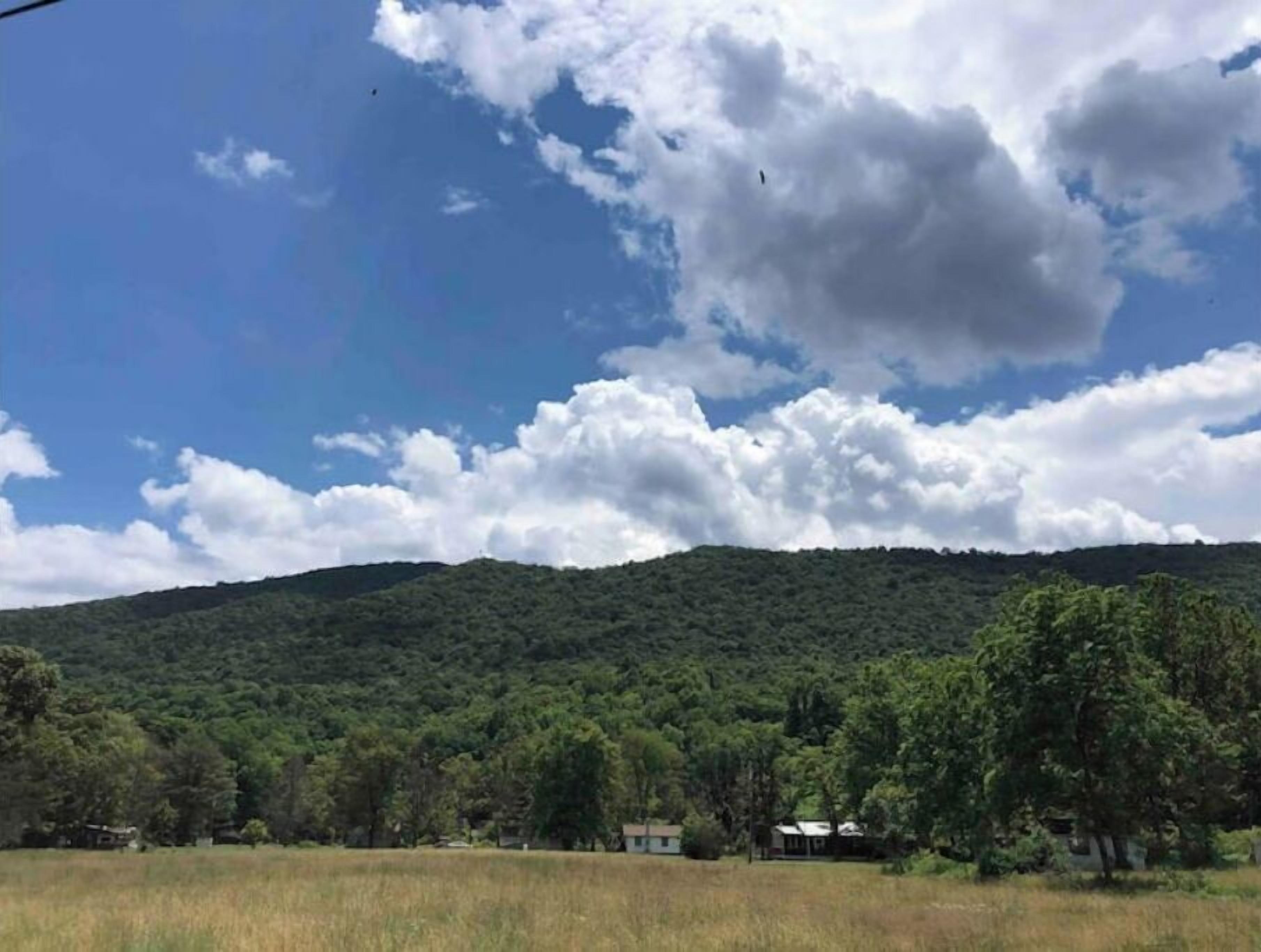 Un paisaje rural con una colina cubierta de árboles, cielo despejado con nubes, y algunos edificios en primer plano.