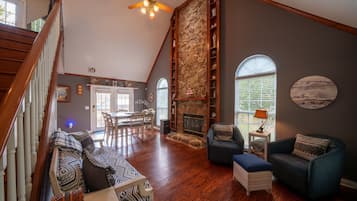 TV connectée, cheminée, livres