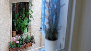 Ein Fenster mit Terrakottafliesen, Blumentöpfen und Blick auf ein blaues Gebäude.