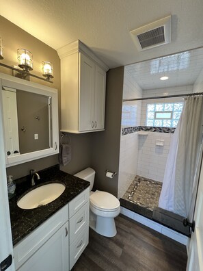Shower, hair dryer, towels, toilet paper