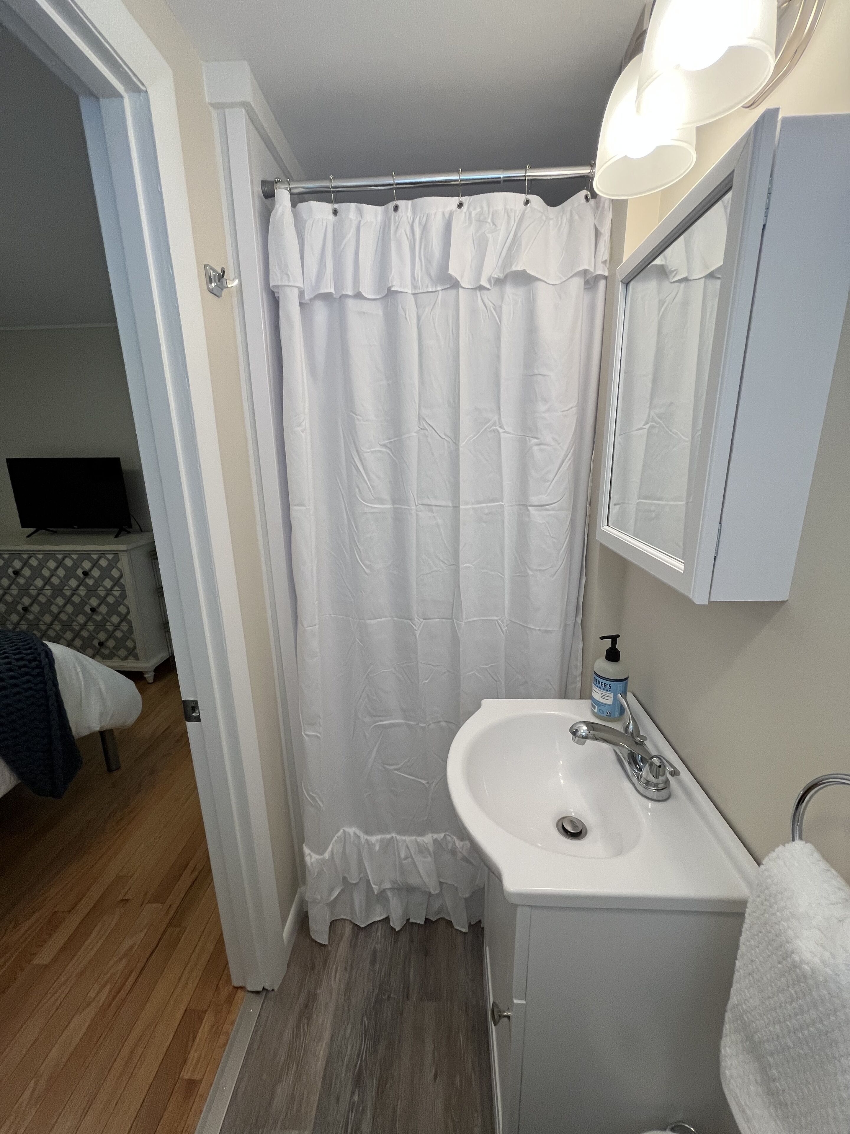A bathroom with a shower curtain, sink, mirror, and a bottle of hand soap.