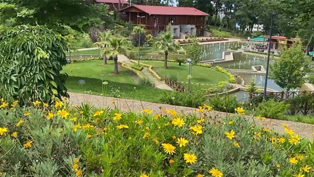 Un jardín ajardinado con un estanque, un camino y un edificio de techo rojo.