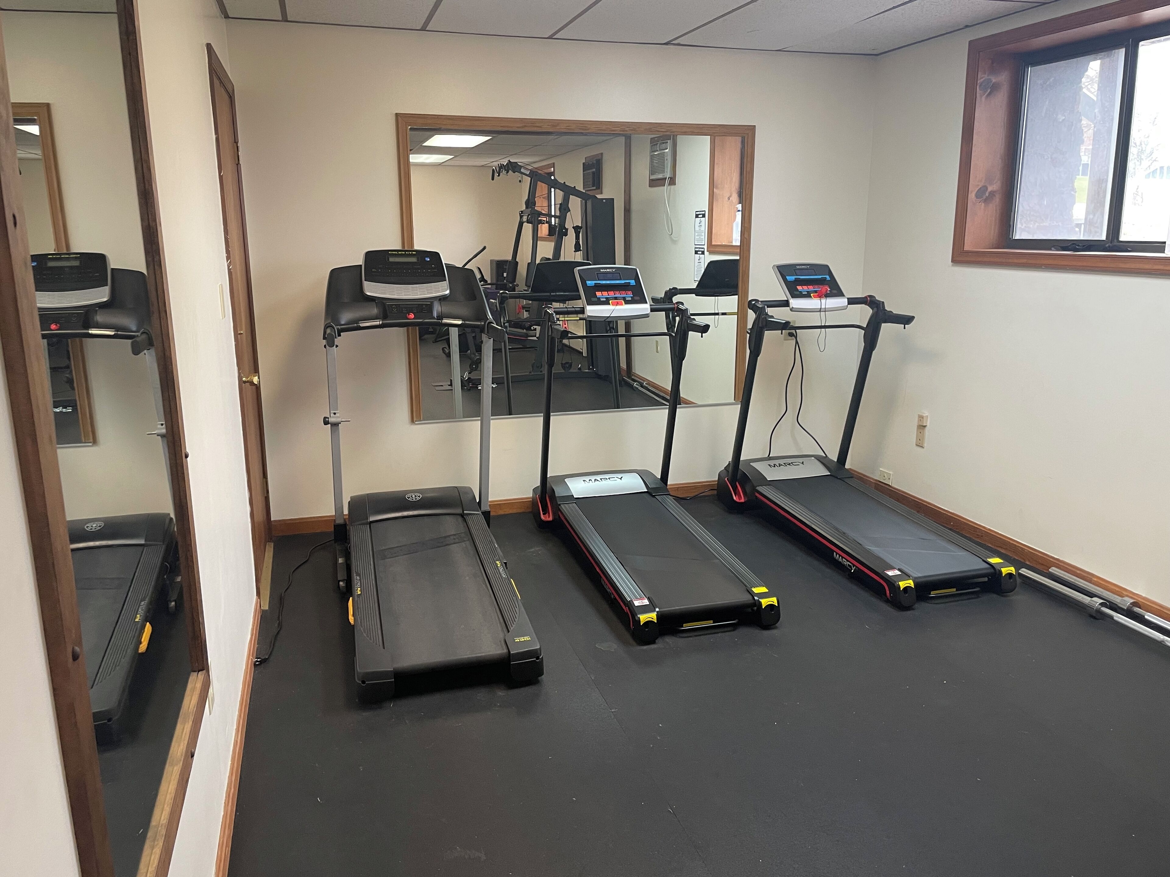 A gym with treadmills, a mirror, and a window.