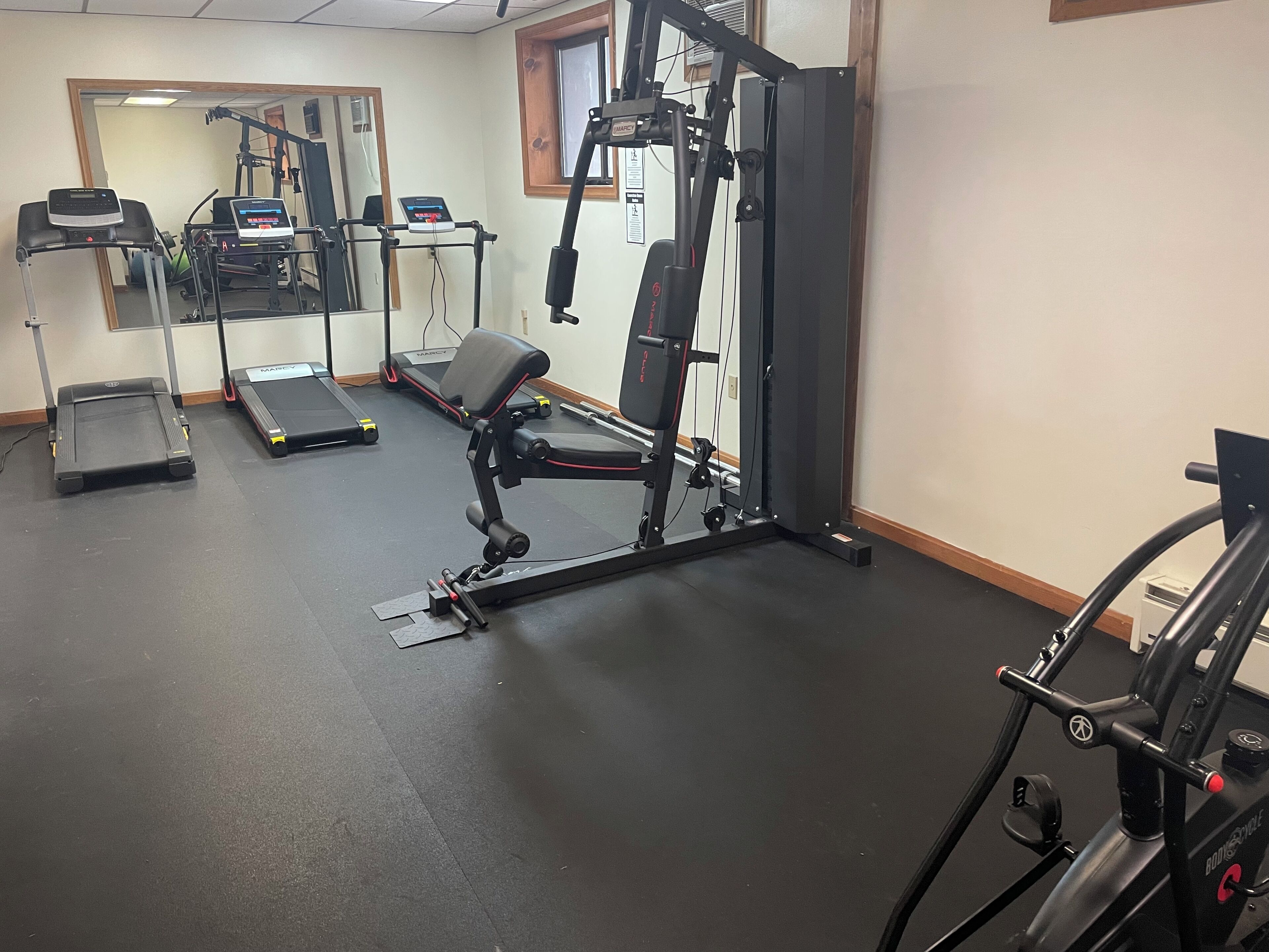 Un gimnasio con cintas de correr, máquinas de pesas y un espejo.