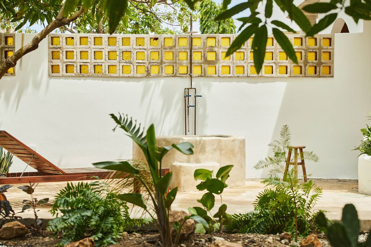 A garden with a concrete bench, a small stool, and various plants.