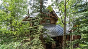A log cabin surrounded by dense forest. - New! Chic European Style Cabin, Short Walk To Ski 3 Bedroom Home by RedAwning (Telluride)