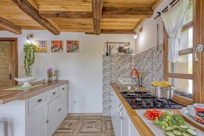 Family House, Multiple Bedrooms, Mountainside (Rural House With Wellness) | Private kitchen | Fridge, microwave, stovetop, electric kettle