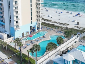 Outdoor pool, pool umbrellas, pool loungers