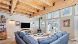 A cozy living room with a large sofa, a television, a fireplace, and a bookshelf. - Giant Riverfront Deck W Grill, Tons Of Space @ Viking Lodge 100ab 4 Bedroom Condo by RedAwning (Telluride)