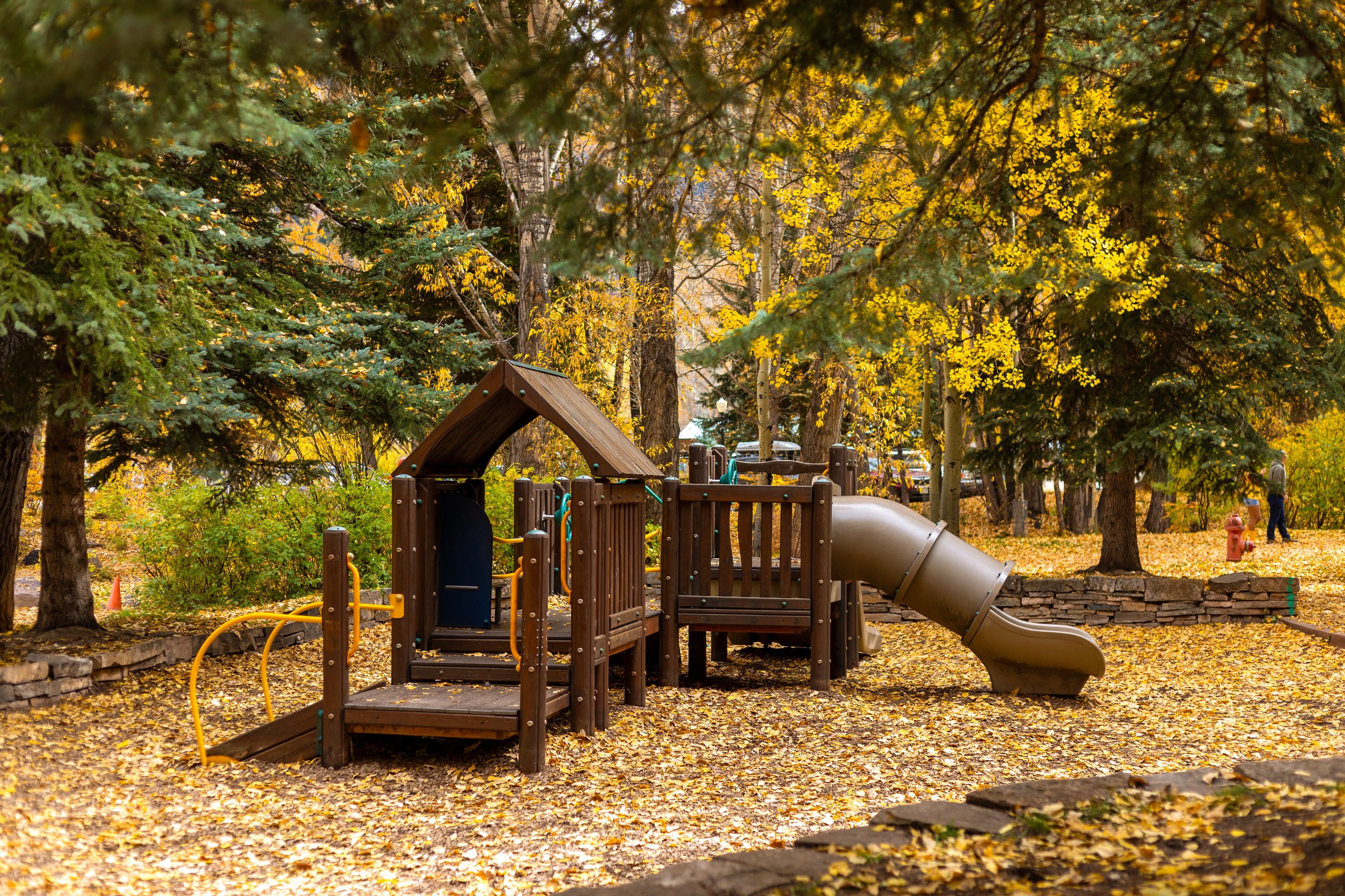 A playground with a slide and climbing structures, surrounded by trees and fallen leaves.