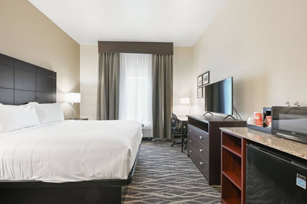 Une chambre d’hôtel équipée d’un lit, d’un bureau, d’une chaise, d’une télévision et d’un réfrigérateur.