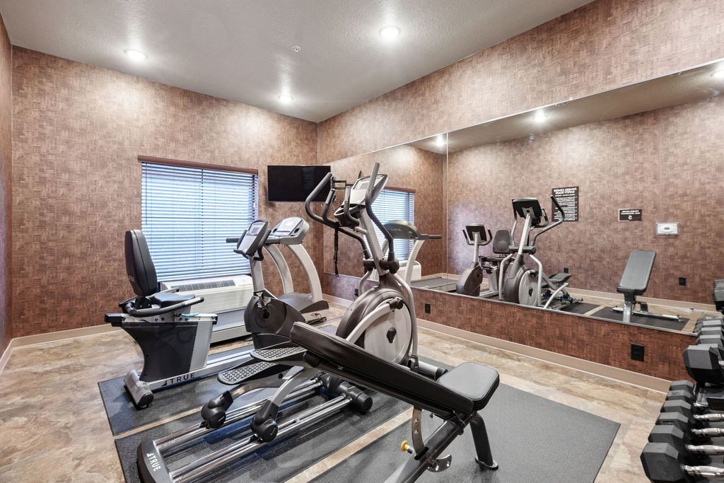 Un gimnasio con máquinas de cardio, pesas libres y un espejo grande.