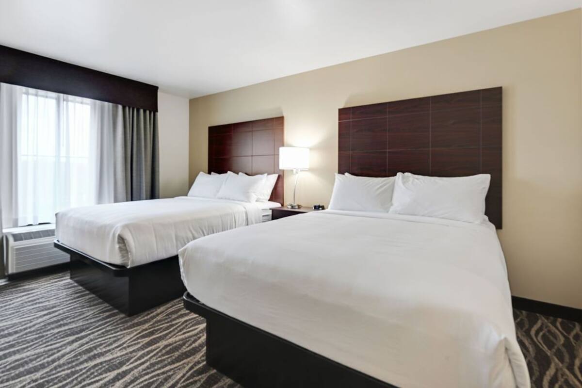 Une chambre d’hôtel avec deux lits, une grande fenêtre avec des rideaux, une lampe fixée au mur et une moquette à motifs.