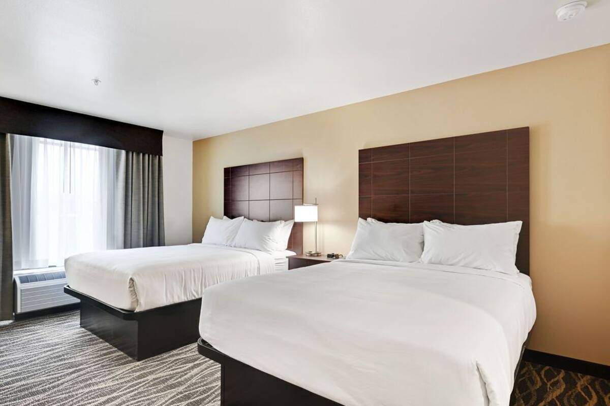 Une chambre d’hôtel avec deux lits, une grande fenêtre avec des rideaux, une tête de lit fixée au mur et une table de chevet avec une lampe.