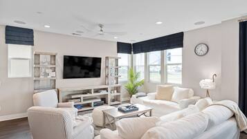 Smart TV, fireplace, foosball